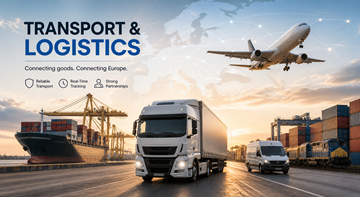 Processus de transport et de logistique montrant des camions, des entrepôts et des marchandises circulant à travers l’Europe dans la chaîne d’approvisionnement